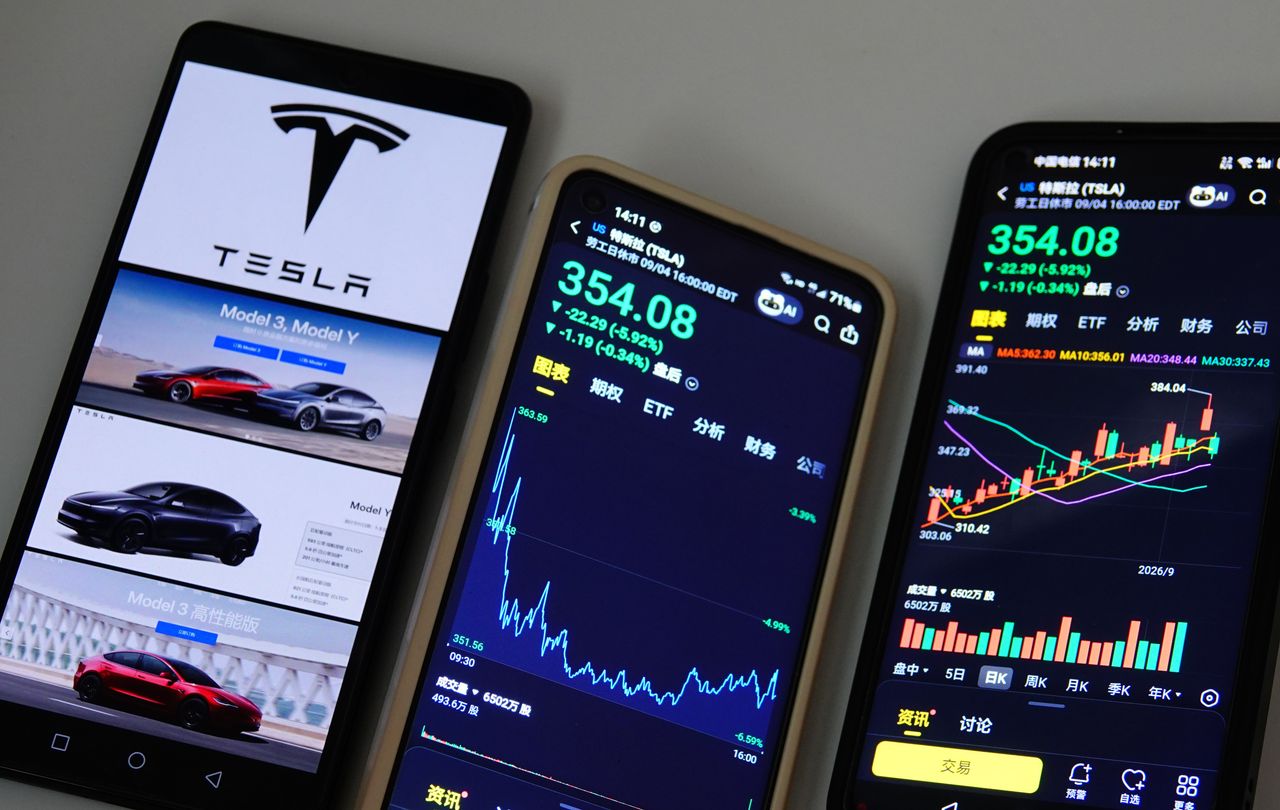 The stock price of Tesla displayed on a smartphone with Tesla logo displayed in a smartphone in Yichang City, Hubei Province, China, on September 7, 2026. (Photo credit should read CFOTO/Future Publishing via Getty Images)
