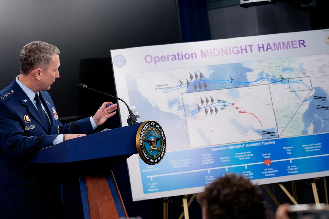  Chairman of the Joint Chiefs of Staff Air Force Gen. Dan Caine discusses the mission details of a strike on Iran during a news conference at the Pentagon on June 22, 2025 in Arlington, Virginia. 