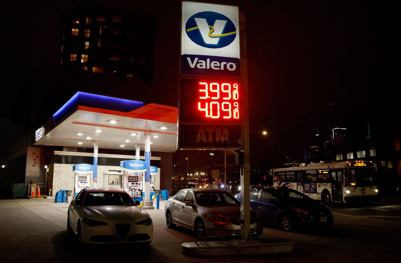 The price of fuel is posted at a Valero gas station on March 22, 2026, in Hoboken, New Jersey. (Photo by Gary Hershorn/Getty Images)