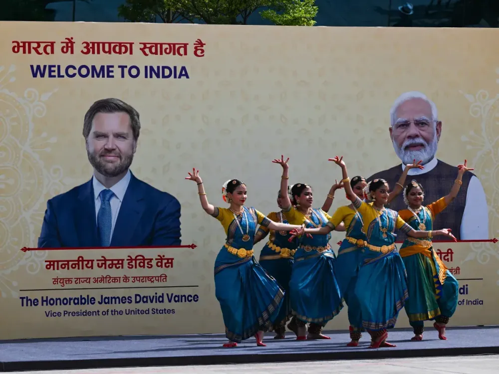 Dancers perform a dance as U.S. Vice President JD Vance and his family arrive in New Delhi, India on April 21, 2025. (Photo by Kenny Holston-Pool/Getty Images)