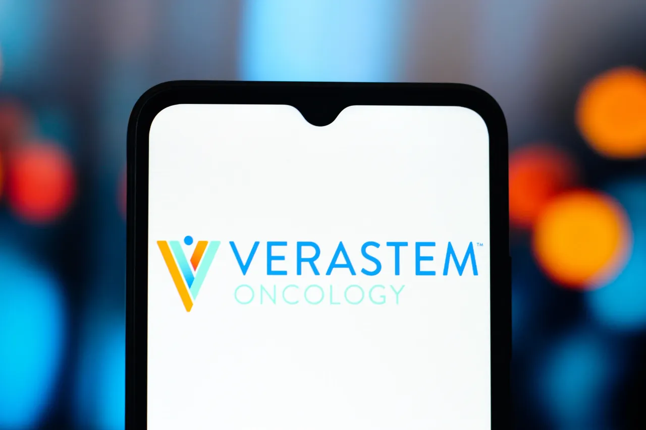 In this photo illustration, the Verastem Oncology logo is seen displayed on a smartphone screen. (Photo Illustration by Thomas Fuller/SOPA Images/LightRocket via Getty Images)