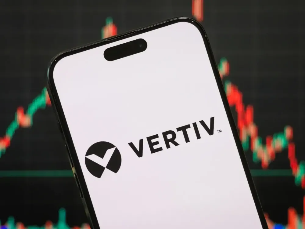 In this photo illustration, the logo of Vertiv Holdings Co is displayed on a smartphone screen on April 20, 2025, in Chongqing, China. (Photo illustration by Cheng Xin/Getty Images)