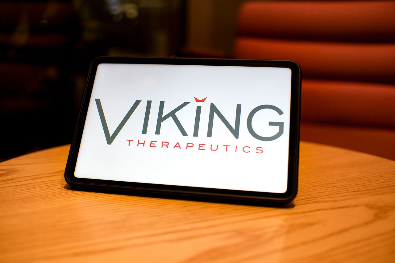 In this photo illustration, the Viking Therapeutics logo is seen displayed on the screen of a tablet. (Photo Illustration by Sheldon Cooper/SOPA Images/LightRocket via Getty Images)