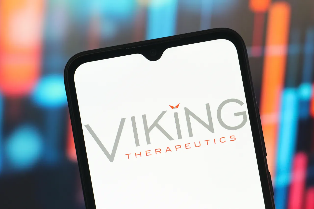 In this photo illustration, the Viking Therapeutics logo is seen displayed on a smartphone screen. (Photo Illustration by Thomas Fuller/SOPA Images/LightRocket via Getty Images)