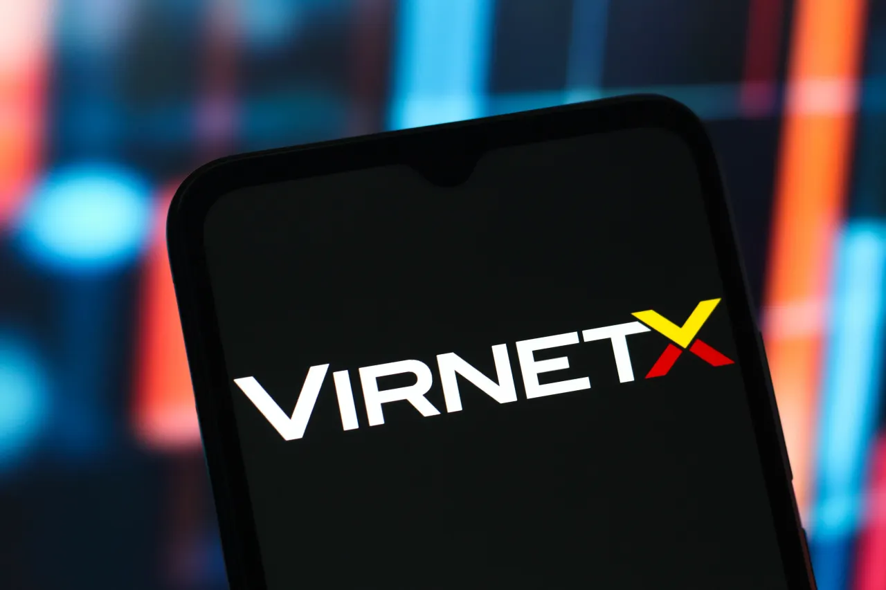 In this photo illustration, the VirnetX logo is seen displayed on a smartphone screen