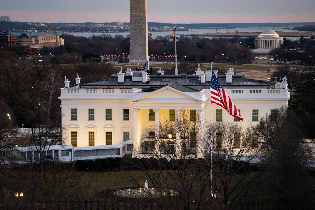 The White House, with the Washington Monument and Jefferson Memorial behind, on January 21, 2025 in Washington, DC. (Photo by Al Drago/Getty Images)