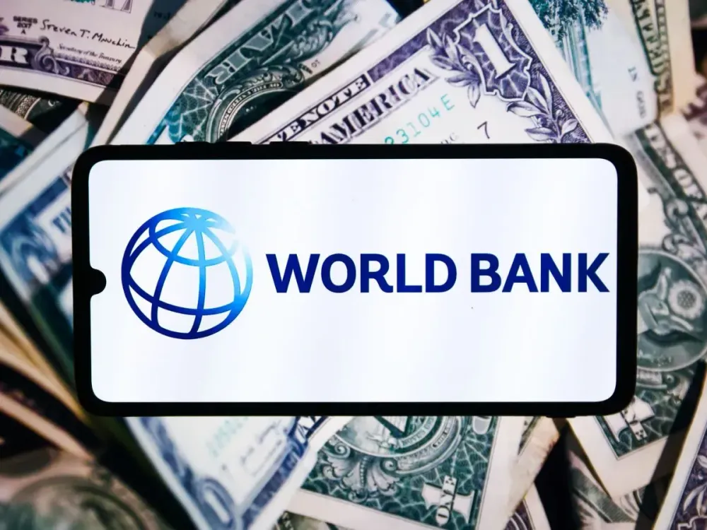 World Bank logo is displayed on a mobile phone screen for illustration photo