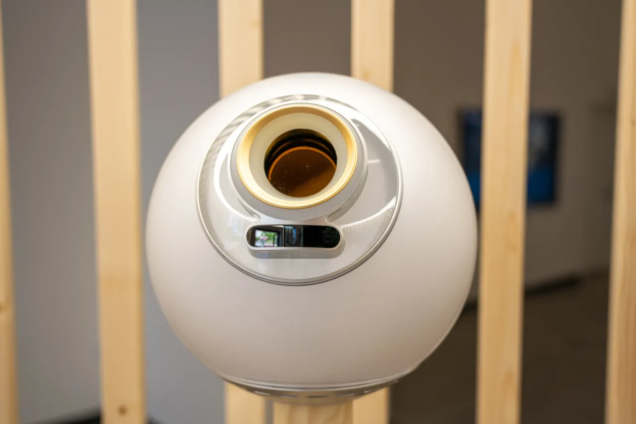 Close-up of orb-shaped iris scanning device at World (formerly Worldcoin) location, Union Square, San Francisco, California, May 20, 2025. (Photo by Smith Collection/Gado/Getty Images)