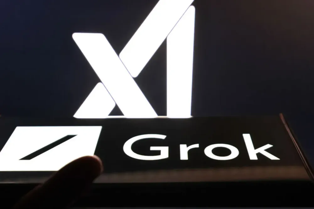 In this photo illustration, the logo of Grok 3 is displayed on smartphone screen with xAI logo in the background on February 18, 2025 in Jinan, Shandong Province of China. 