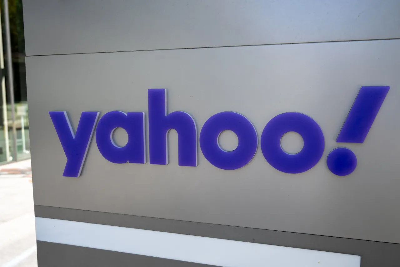 Close-up of Yahoo! logo in purple lettering on exterior sign