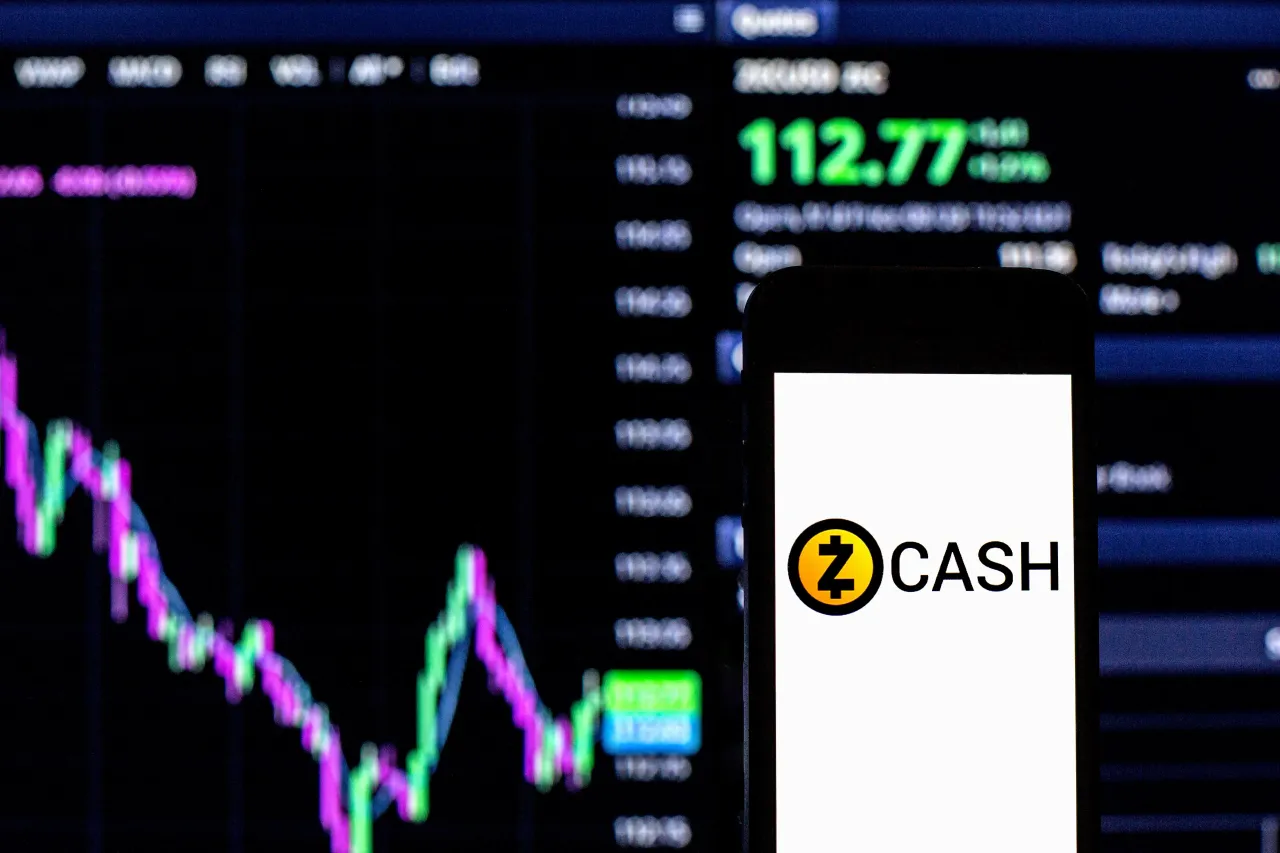 In this photo illustration a Zcash logo seen displayed on a smartphone with the price graph information of Zcash in the background. (Photo Illustration by Thiago Prudencio/SOPA Images/LightRocket via Getty Images)