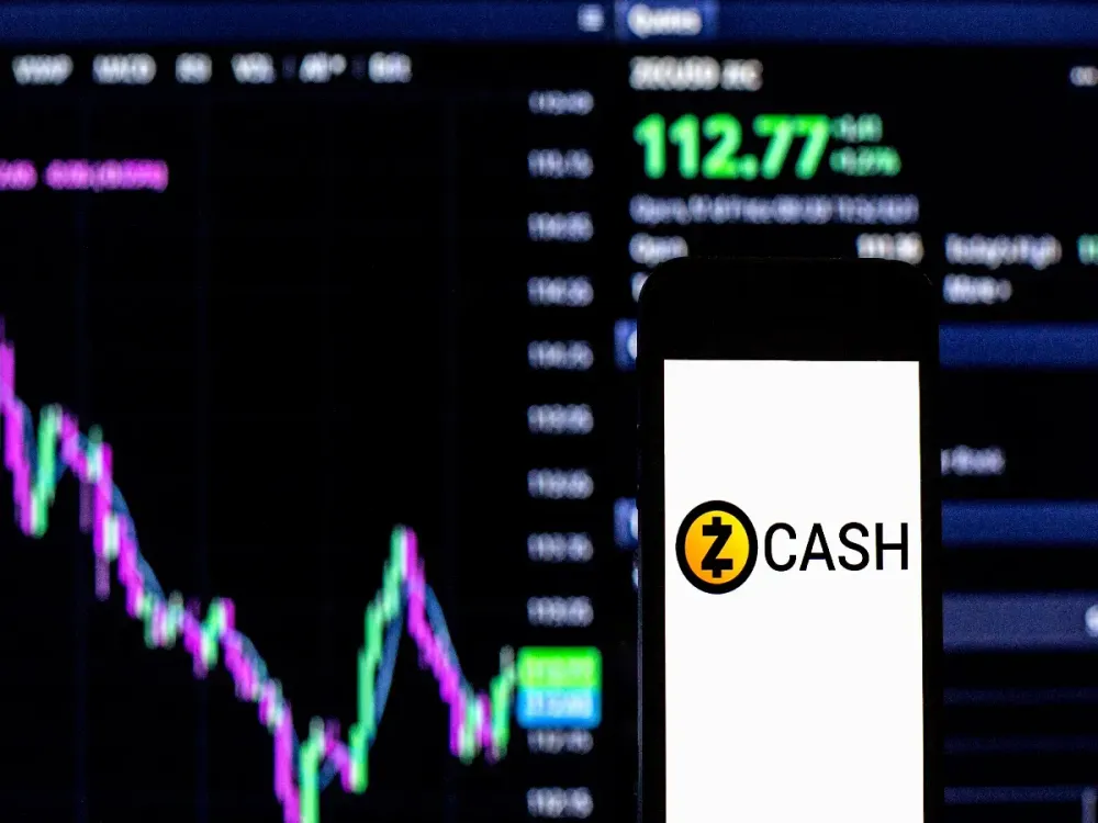 In this photo illustration a Zcash logo seen displayed on a smartphone with the price graph information of Zcash in the background. (Photo Illustration by Thiago Prudencio/SOPA Images/LightRocket via Getty Images)