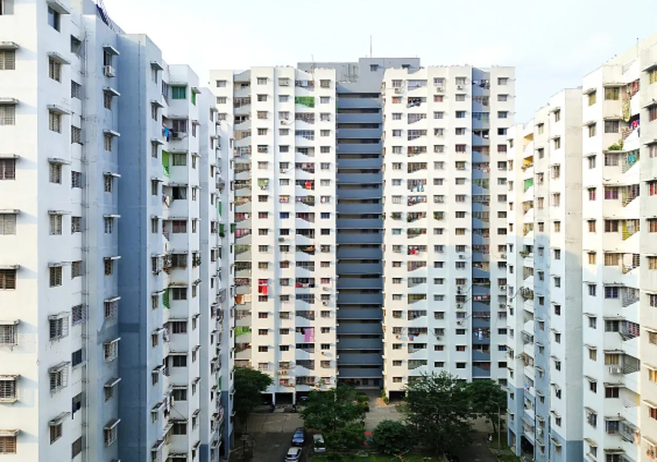 Residents of a high-rise residential building appear in Kolkata, India, on October 11, 2024. (Photo by Sudipta Das/NurPhoto via Getty Images)