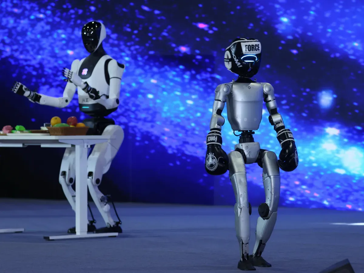 A boxing robot makes appearance at the opening ceremony of the 7th Beijing Academy of Artificial Intelligence (BAAI) Conference on June 6, 2025 in Beijing, China. 
