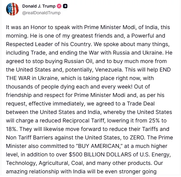 Trump further added that India has also committed to “BUY AMERICAN,” at a much higher level.