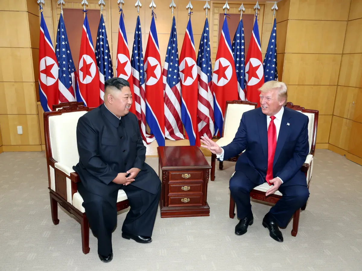 North Korean leader Kim Jong Un and U.S. President Donald Trump attend a meeting on the south side of the demilitarized zone (DMZ) on June 30, 2019 in Panmunjom, South Korea. (Handout photo by Dong-A Ilbo via Getty Images/Getty Images)